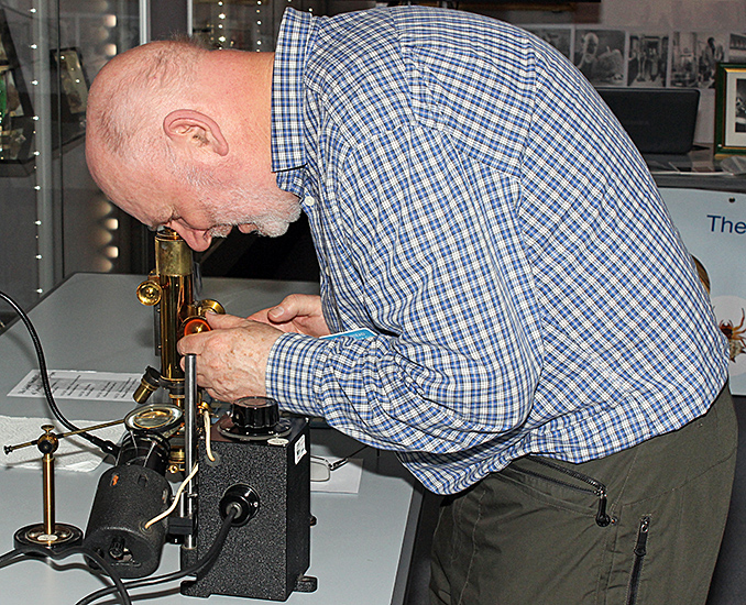 David Linstead with brass Watson microscope