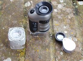 Hand lens, NHM Microscope and lichens