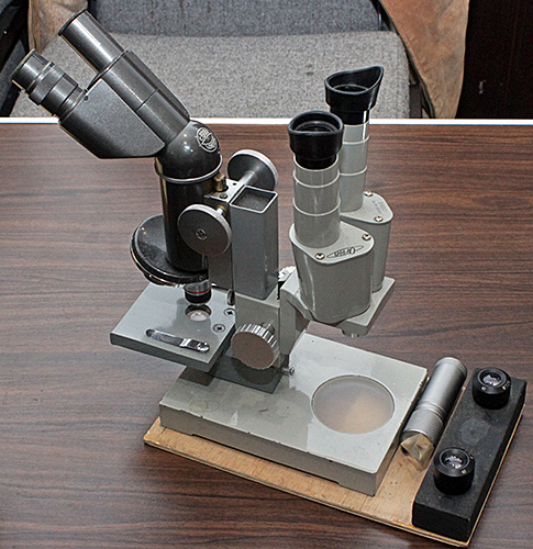 Orion stereomicroscope and Baker compound microscope