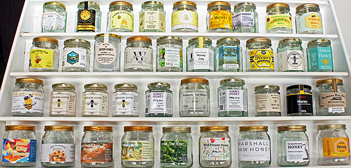 Labelled honey jars